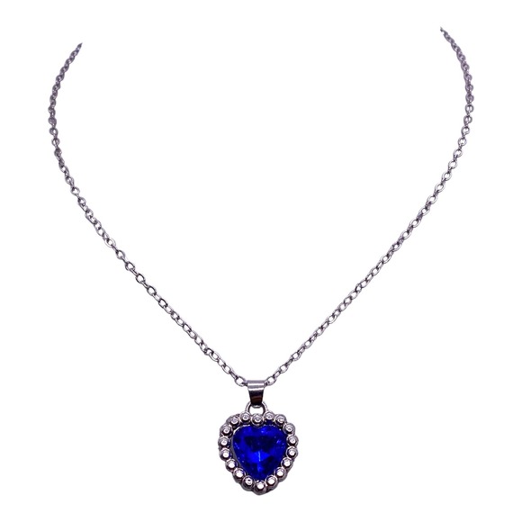 Imitation Silver BLUE SAPPHIRE Cubic Zirconia Gemstone Heart Necklace - Picture 4 of 7
